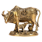 ARTVARKO Brass Laxmi Ganesha Engraved Cow and Calf Statue Kamdhenu Gau MATA Idol, Spiritual Vastu Nandi Pooja Decor, Gold Color 8 Inch