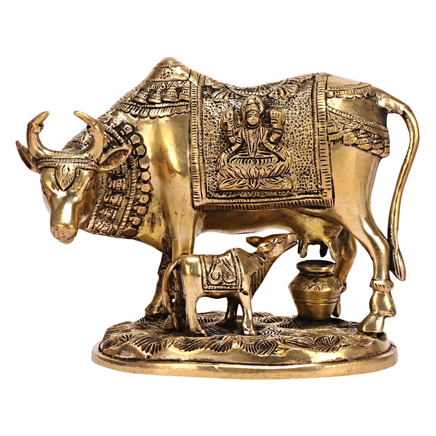 ARTVARKO Brass Laxmi Ganesha Engraved Cow and Calf Statue Kamdhenu Gau MATA Idol, Spiritual Vastu Nandi Pooja Decor, Gold Color 8 Inch
