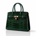 LOVHIDE Women's Crocodile Pattern Handbag | Premium Patent Leather Tote Bag | Elegant Top Handle Shoulder Purse with Lock Closure | Dark Green