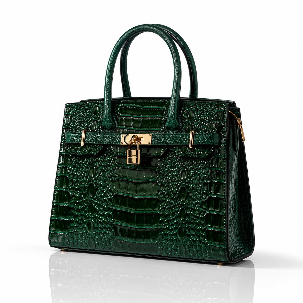 LOVHIDE Women's Crocodile Pattern Handbag | Premium Patent Leather Tote Bag | Elegant Top Handle Shoulder Purse with Lock Closure | Dark Green