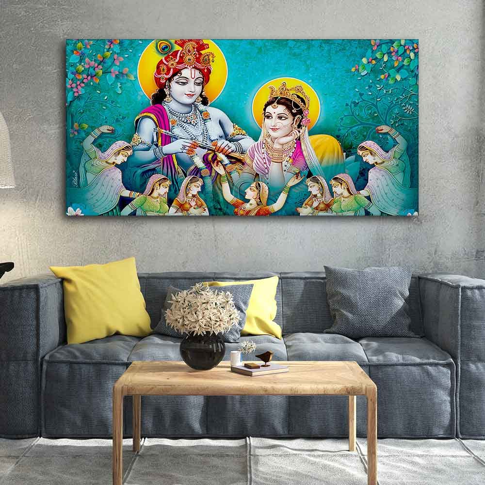 VIBECRAFTS Canvas Paintings for Living Room Drawing Room Beautiful Big Panoramic Radha Krishna Canvas Wall Painting Fitted with Wooden Frame for Home|Office|Gift(PTVCH_2258) (Multi 8)