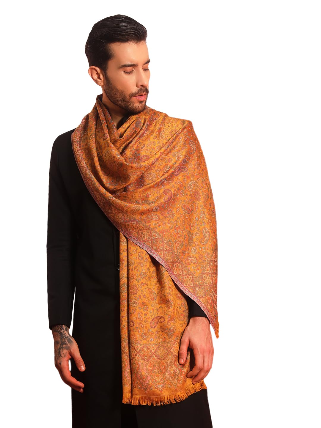 Pashmoda Men Chandni Kaani Stole, Authentic Kashmiri Luxury Pashmina Style Shawl, Stole, Small Size Gents Lohi, (Size 28x80 Inches, Mustard Color) MAVST07