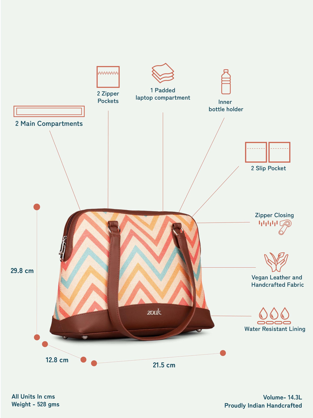 ZOUK Conference Office Bag | Padded Laptop Compartment up to 14 inch | Stylish Tote Bags for Women | Big Size Handbag for Office & Travel Use | Water-Resistant | Tidal Wave