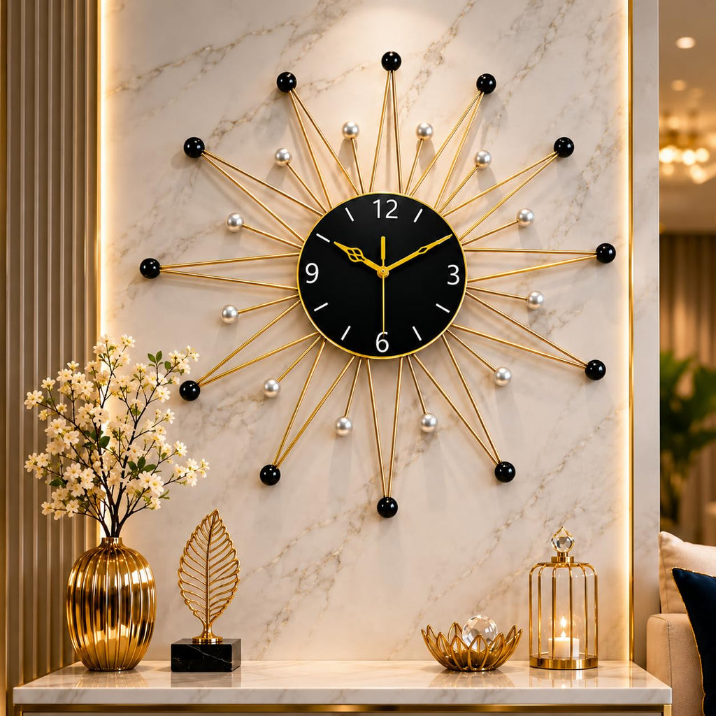 Modern Sunburst Metal Wall Clock Gold & Black for Living Room