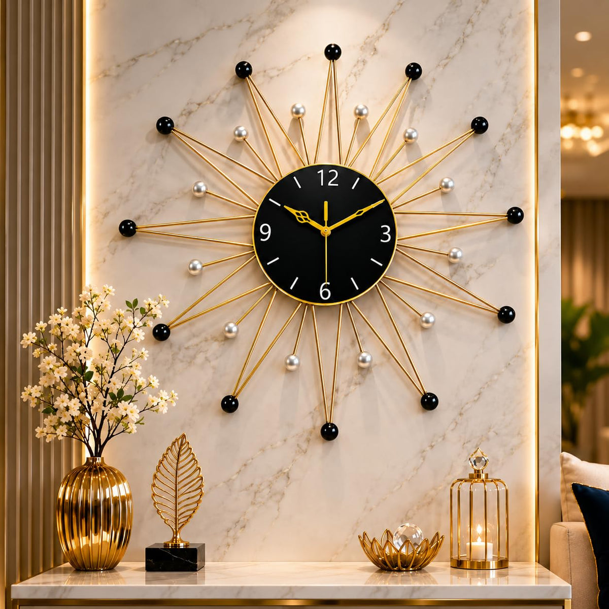 Mahira Artefacts Metal Sunburst Wall Clock with Gold & Black Accents