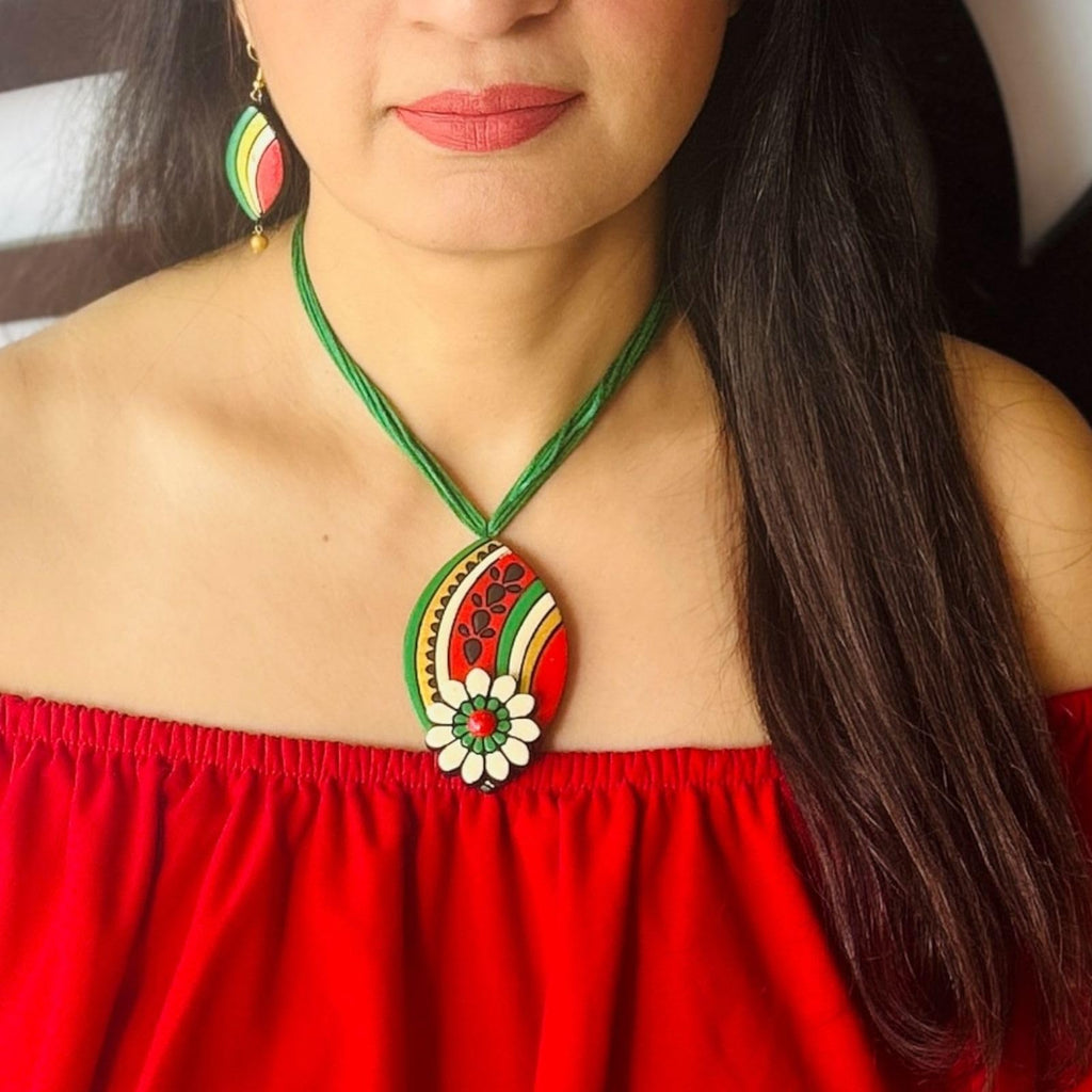 Le bijouxistic Terracotta Necklace Set for Women and Girls, Handmade Terracotta Jewelry, Handmade Necklace earring - Green Necklace Earring, Clay Work Jewelry for Women.