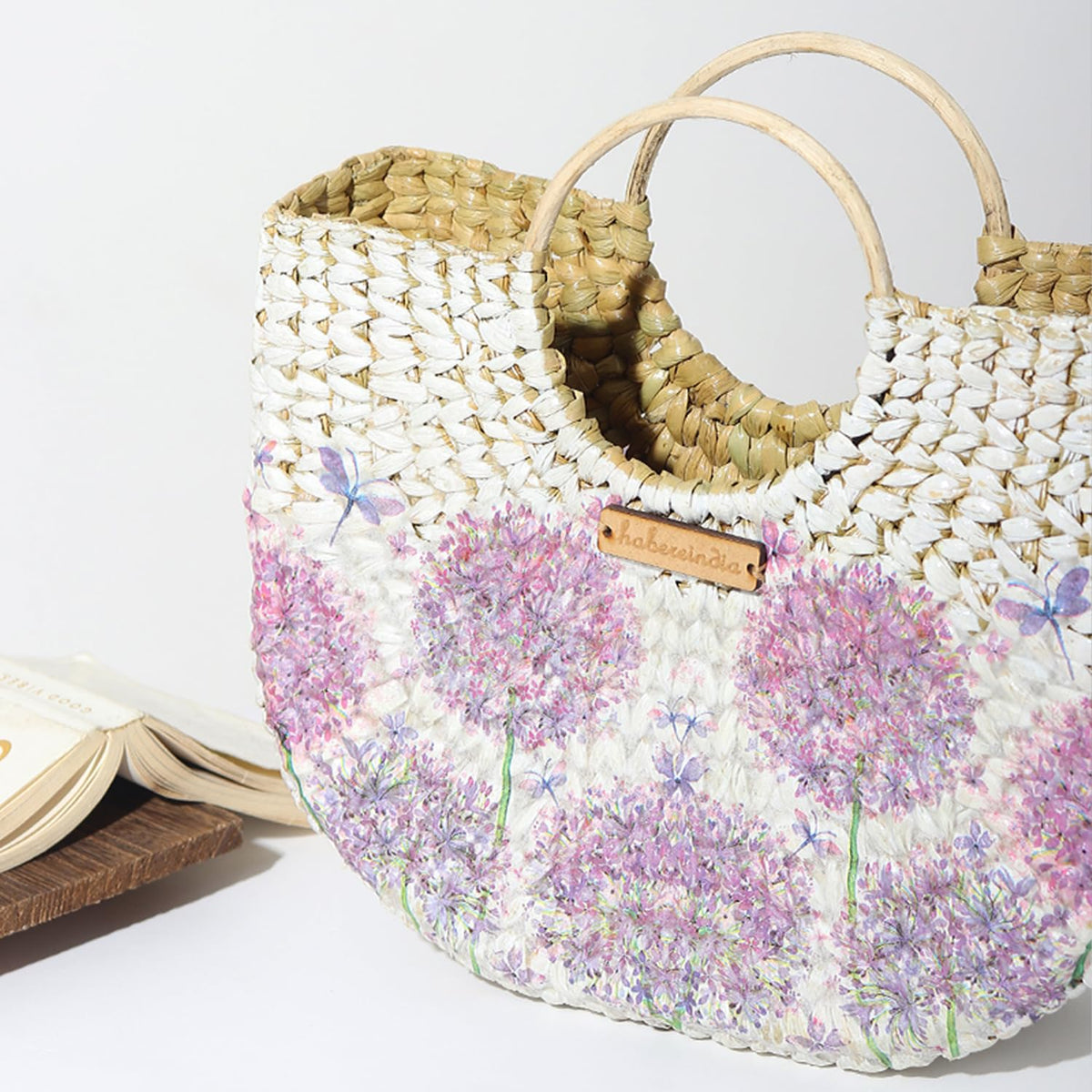 Habere India-All the Cultures Fabricating India Small Tote Bag | Straw Bags | Basket Bag | Bamboo Tote | Beach Bags for Women | White Handbag (Design 02)