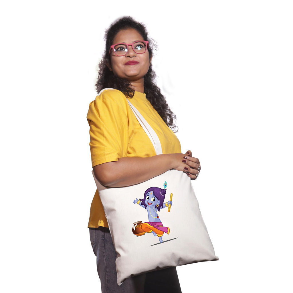 Gift a Joy Govinda Printed Cotton Canvas Tote Bag for Women | Reusable Shoulder Shopping Bag | Eco-Friendly Tote for Office, College, Travel & Everyday Use