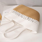 AIESY Cotton Rope Tote Bag for Women | Handmade Woven Shoulder Handbag | Lightweight Shopping Bag | Beach Bag | Daily Casual Travel Purse | Beige & White