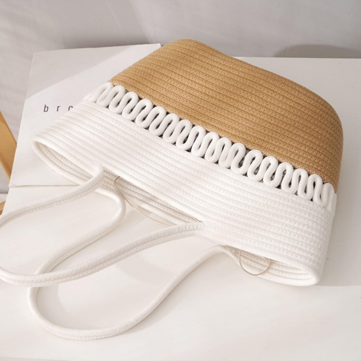 AIESY Cotton Rope Tote Bag for Women | Handmade Woven Shoulder Handbag | Lightweight Shopping Bag | Beach Bag | Daily Casual Travel Purse | Beige & White