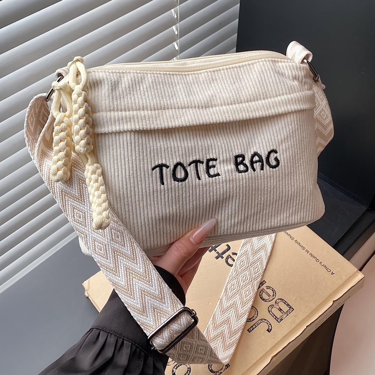 Street27 Women’s Premium Corduroy Tote Bag with Adjustable Wide Strap, Multi-Pocket Crossbody & Shoulder Handbag, Lightweight Everyday Carry with Secure Zipper Closure | (Beige)
