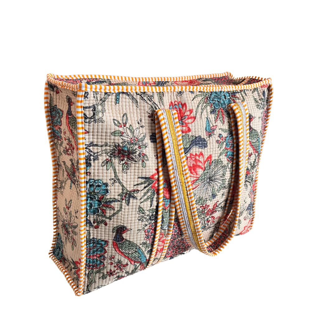Bazaar Bhoot Edition Premium Cotton Quilted Shopping Tote Bag - Multipurpose Long Lasting Foldable Reusable Bag with zipper for Shopping, Travel & Daily Use - Made in India (Off White)