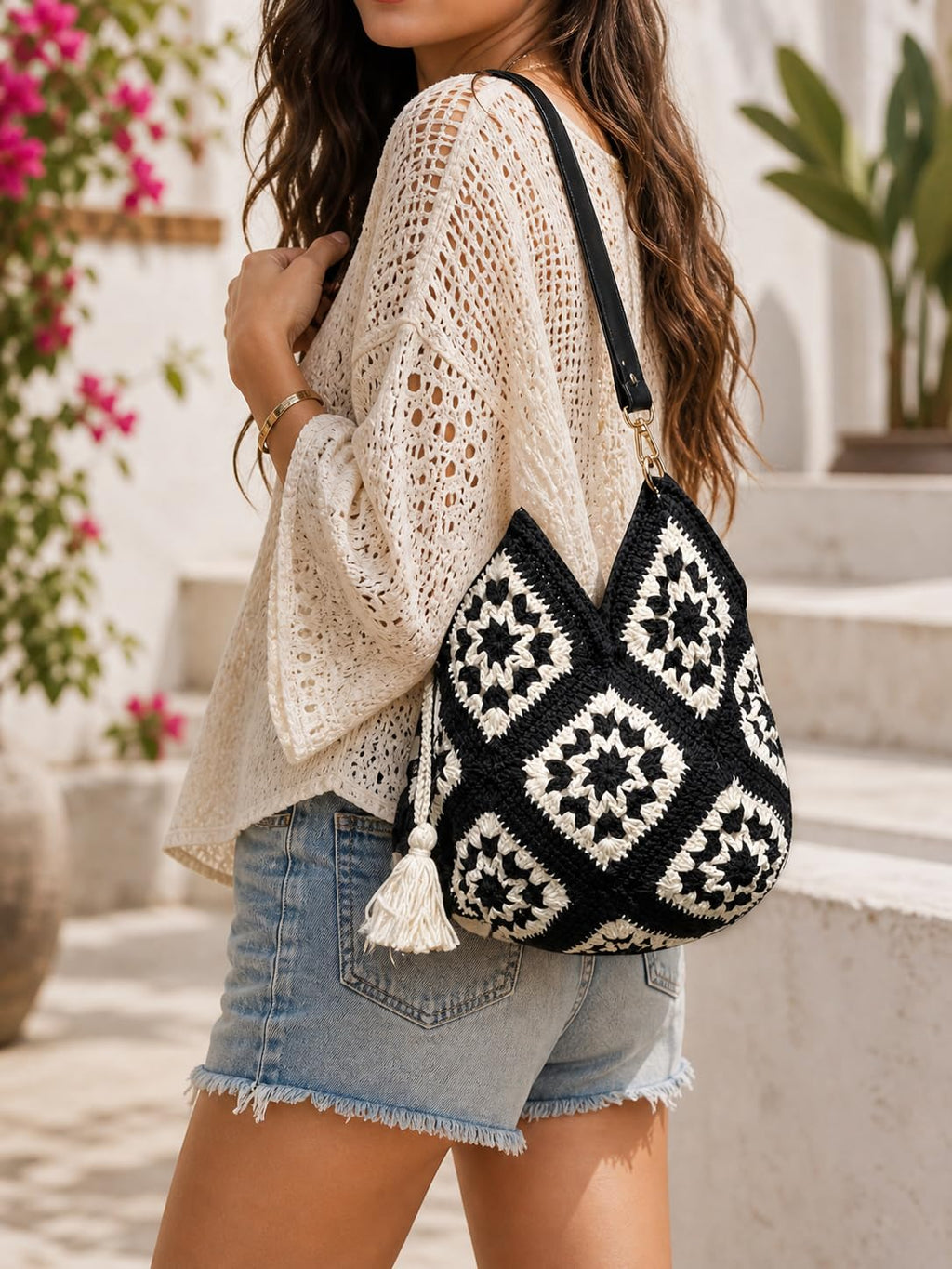 ZORA CRAFT Black & White Crochet Tote Bag for Women – Vintage Granny Square Handbag, Diamond Pattern, Stylish Office & Festival Bag, Fits 14 Laptop/MacBook