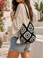 ZORA CRAFT Black & White Crochet Tote Bag for Women – Vintage Granny Square Handbag, Diamond Pattern, Stylish Office & Festival Bag, Fits 14 Laptop/MacBook