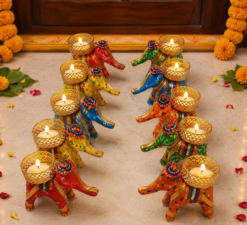 10Pc Hathi T-Lights Candle Holder Stand for Home Decor Diwali Festival Decoration Diwali Gifts Navratri Dussehra, Assorted Hathi (Pack of 10Pc)