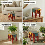 ATRANGI STUDIO Red Blue Handpainted Wooden Elephant Stool Cum Showpiece | Mango Wood Traditional Multipurpose Stool for Living Room Decor & Mandir | Perfect for Plant Stand | 8x8x10 inch