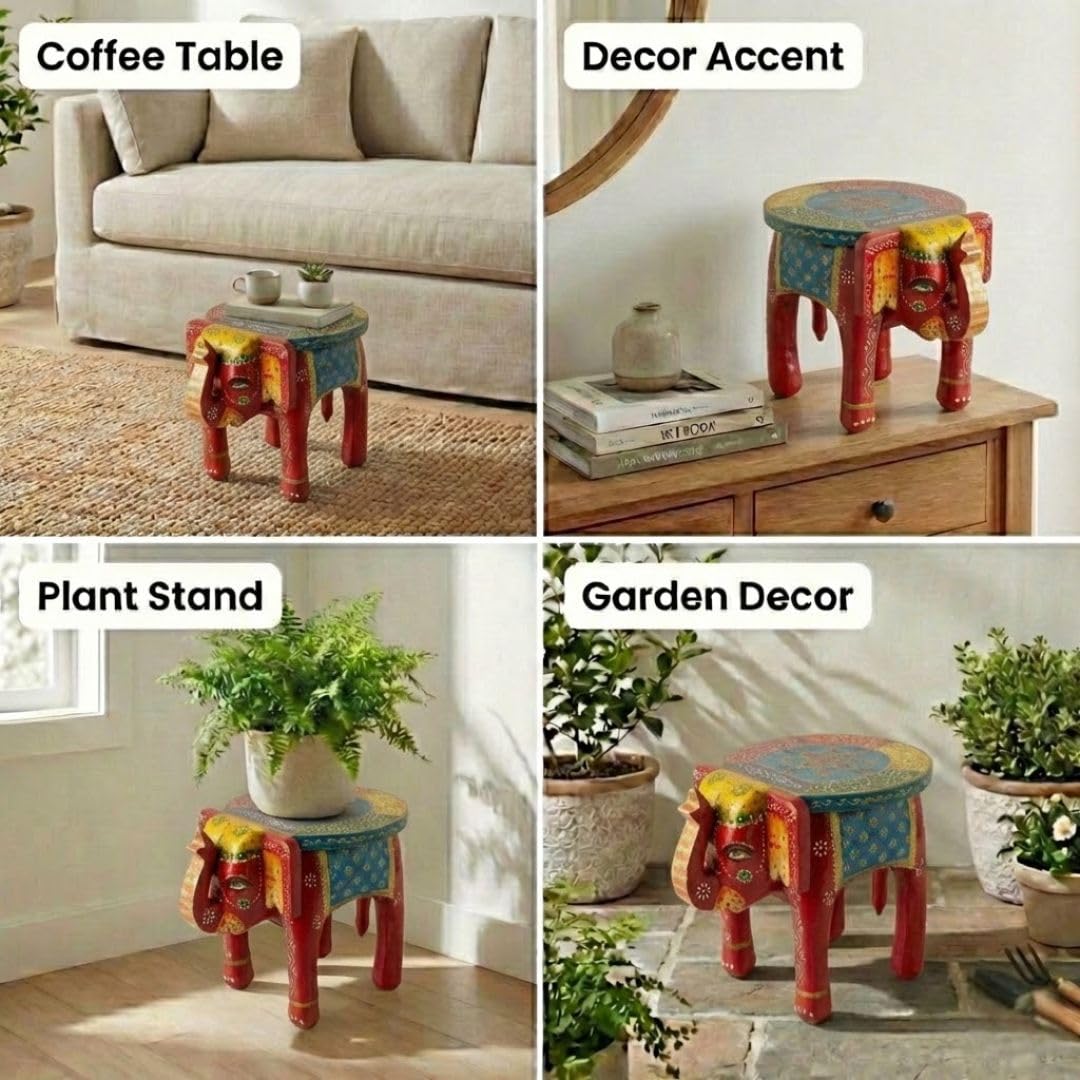 ATRANGI STUDIO Red Blue Handpainted Wooden Elephant Stool Cum Showpiece | Mango Wood Traditional Multipurpose Stool for Living Room Decor & Mandir | Perfect for Plant Stand | 8x8x10 inch