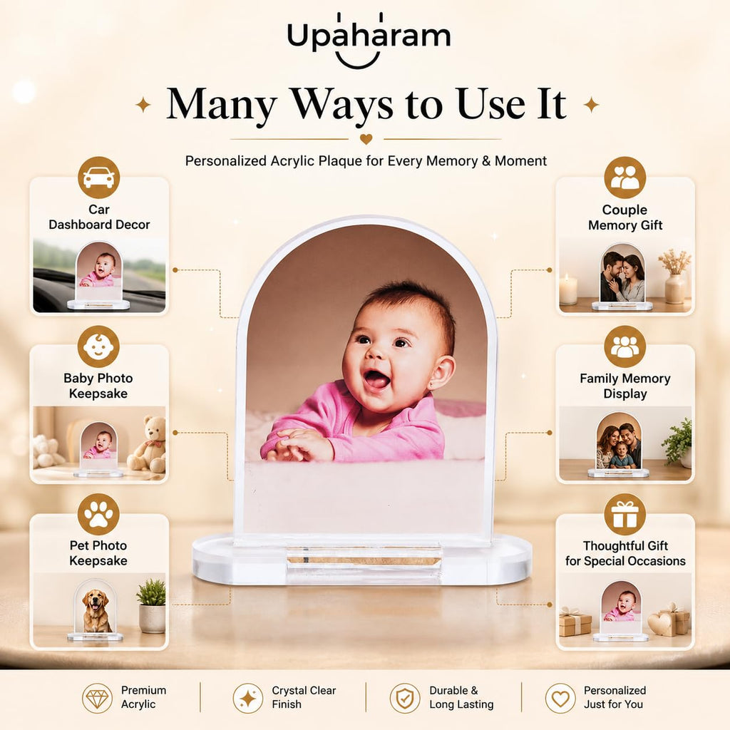 UPAHARAM Personalized Acrylic Car Dash Plaque | 5mm Thick Car Dashboard with Your Custom Photo, Size: 10 * 11 * 3 inches| HD UV Printing Customized Photo Frame | Car Accessories gift (Dome)