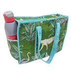 The House of RajPadmini Floral Quilted Cotton Shopping Tote Bag, 16x16 inches, Striped Trim, External Bottle Pocket (Animal Print Green)