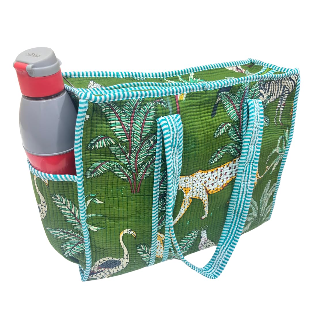 The House of RajPadmini Floral Quilted Cotton Shopping Tote Bag, 16x16 inches, Striped Trim, External Bottle Pocket (Animal Print Green)