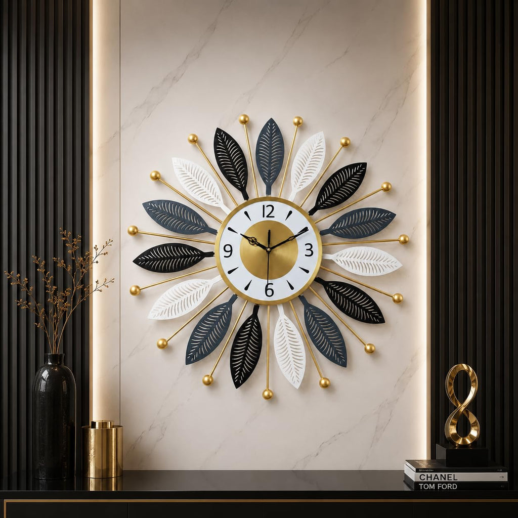 Mahira Artefacts Luxury Modern Metal Leaf Wall Clock for Living Room Decor, Silent Non-Ticking Large Decorative Wall Clock with Gold Finish
