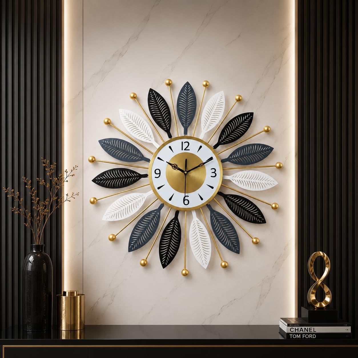 Mahira Artefacts Luxury Modern Metal Leaf Wall Clock for Living Room Decor, Silent Non-Ticking Large Decorative Wall Clock with Gold Finish