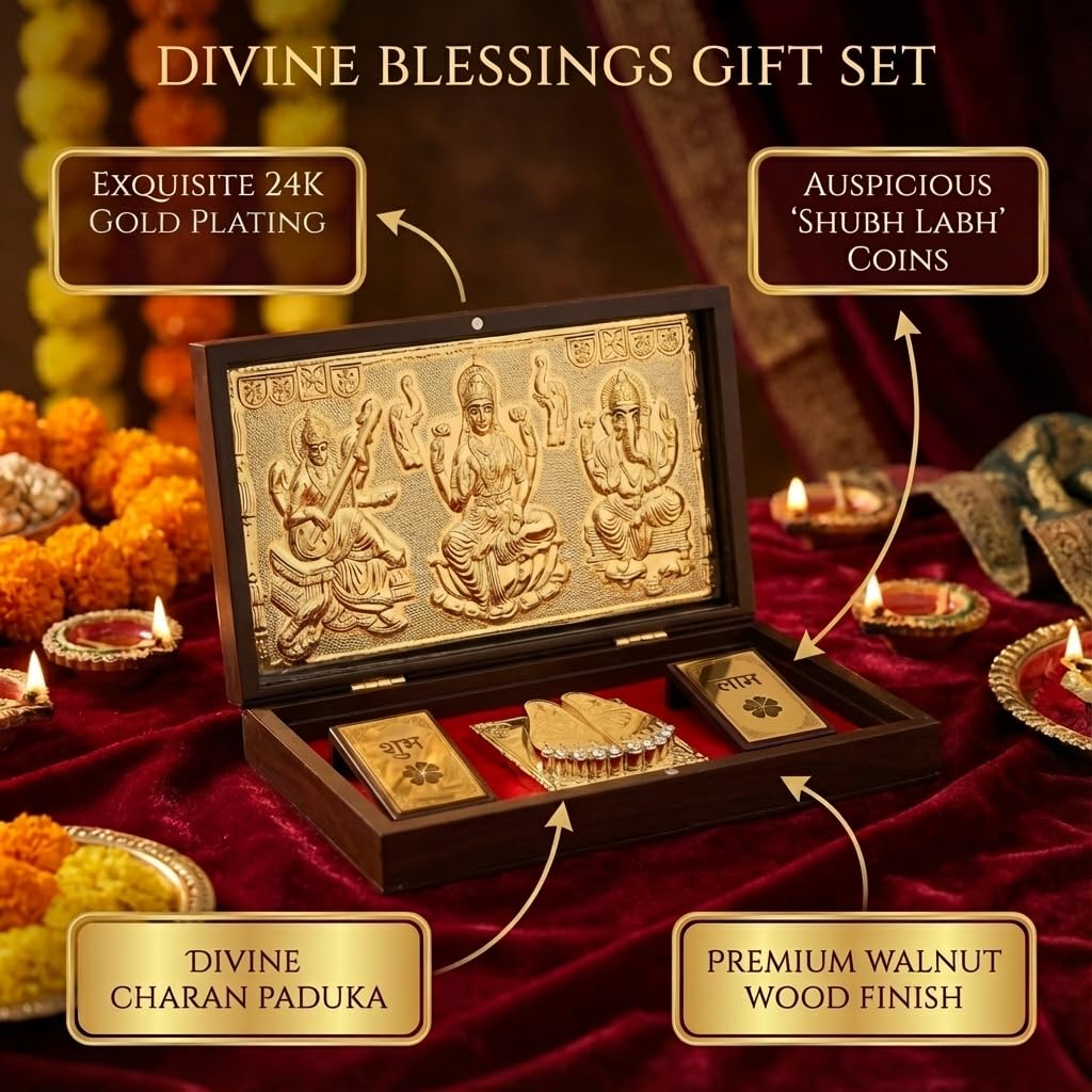 House Of Wemy Laxmi Ganesh Saraswati Pocket Temple for Pooja Room, Gifting for Wedding/Marriage | Gold Plated Photo Frame with & Charan Paduka - (Large) 8.4x4.5 Inch - Pack of 1