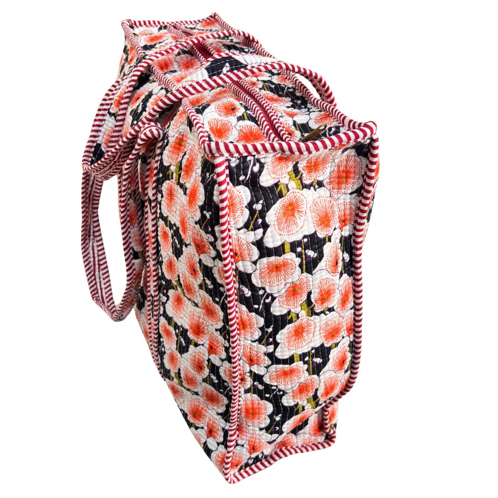 Bazaar Bhoot Edition Premium Cotton Quilted Shopping Tote Bag - Multipurpose Long Lasting Foldable Reusable Bag with zipper for Shopping, Travel & Daily Use - Made in India (Foral Black)