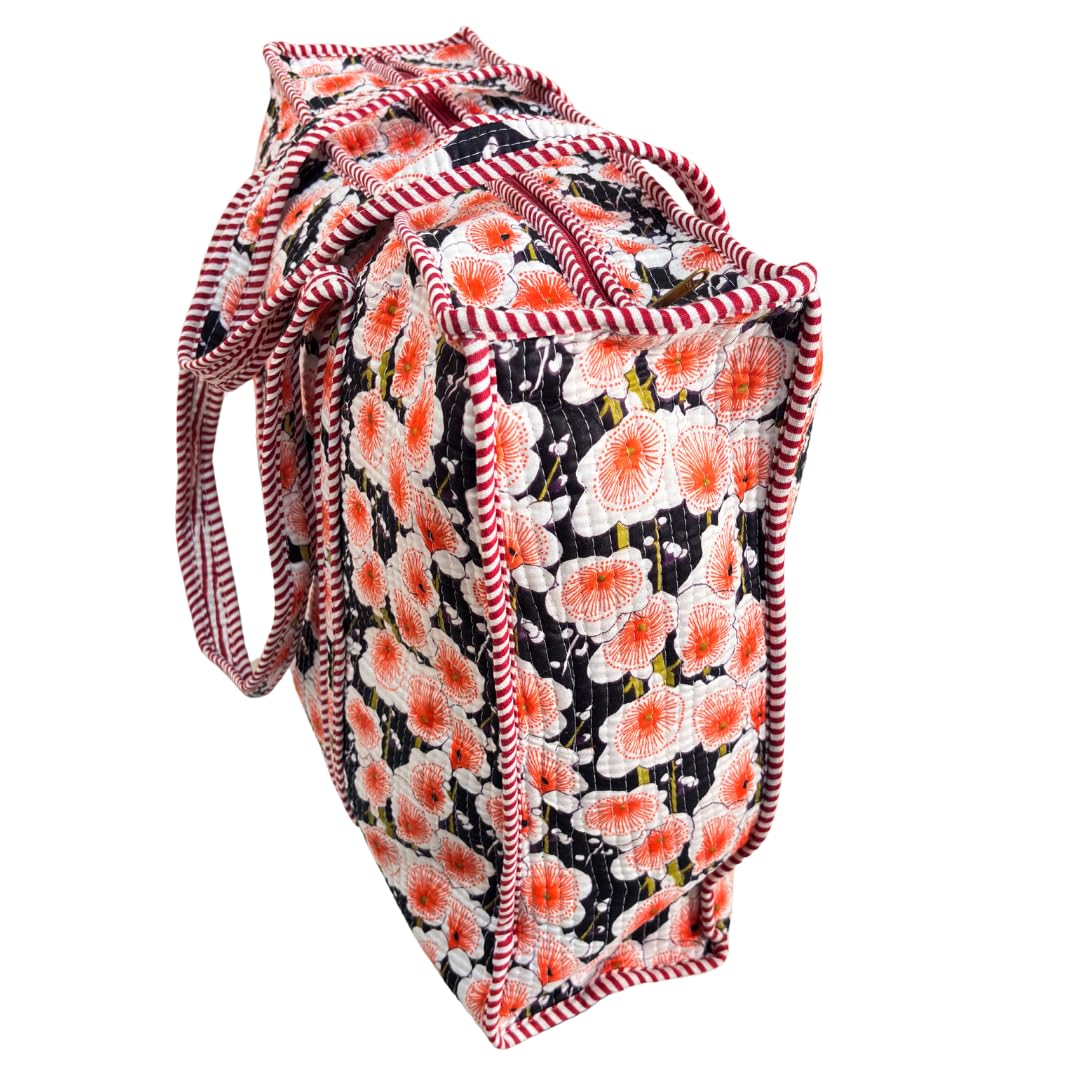 Bazaar Bhoot Edition Premium Cotton Quilted Shopping Tote Bag - Multipurpose Long Lasting Foldable Reusable Bag with zipper for Shopping, Travel & Daily Use - Made in India (Foral Black)
