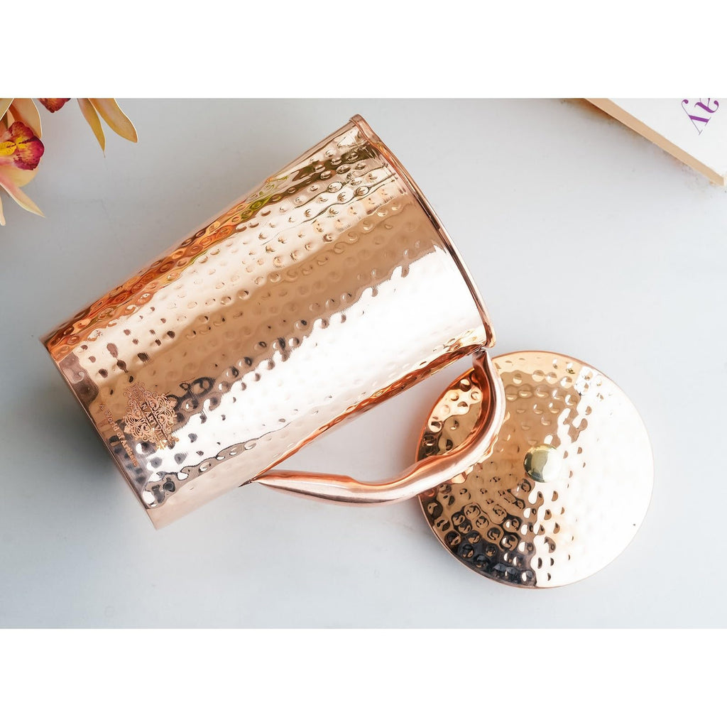 IndianArtVilla Pure Copper Jug Pitcher, Hammered Design, Storage Water, Health Benefits, 1 LTR