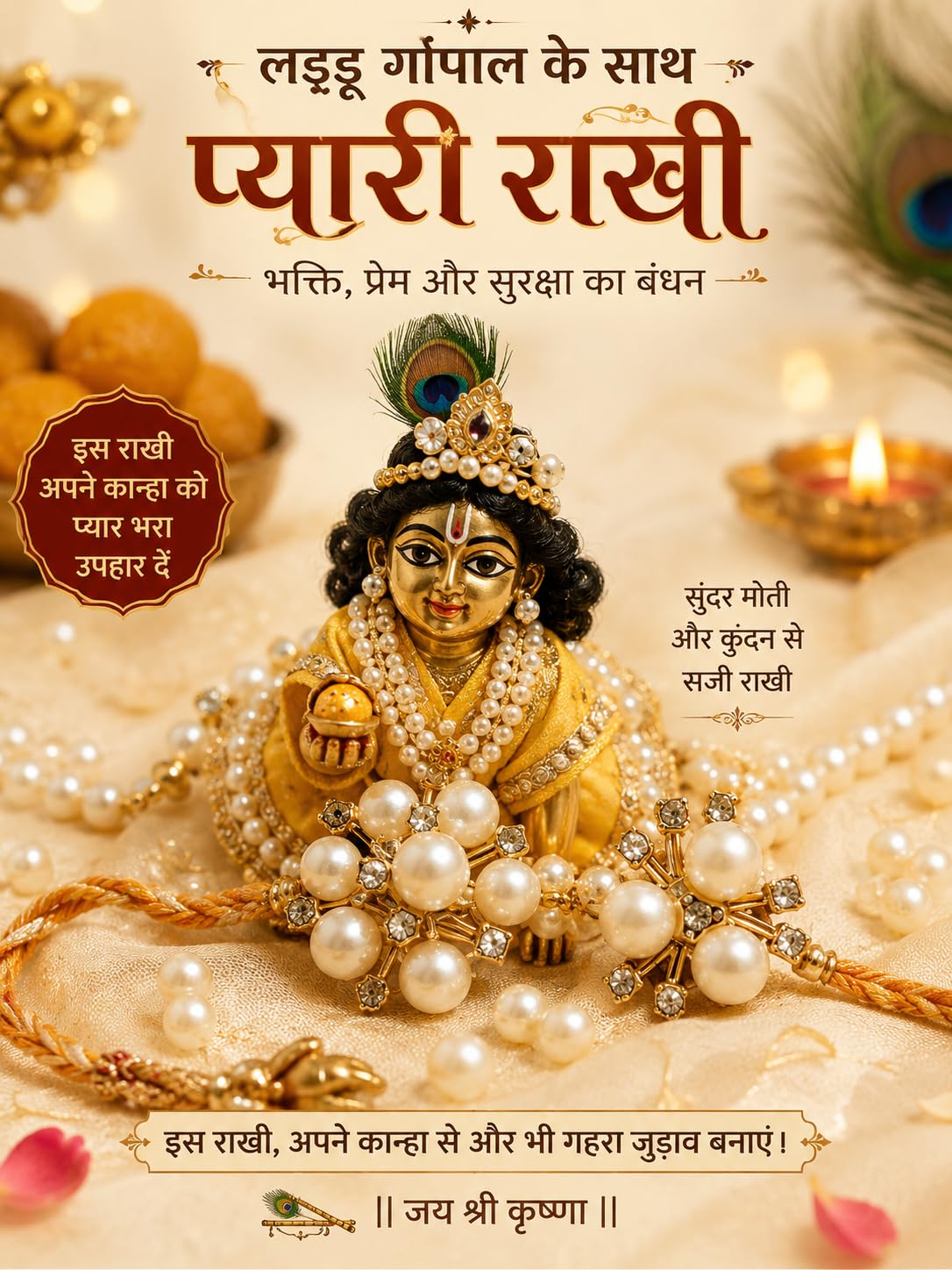 ILuvVastram Laddu Gopal Pearl Rakhi | Handmade Krishna Breclate with Pearl, Kundan & Beads | Kanha Ji Rakhi for Bal Gopal Shringar | Janmashtami Decoration | Pack of 2