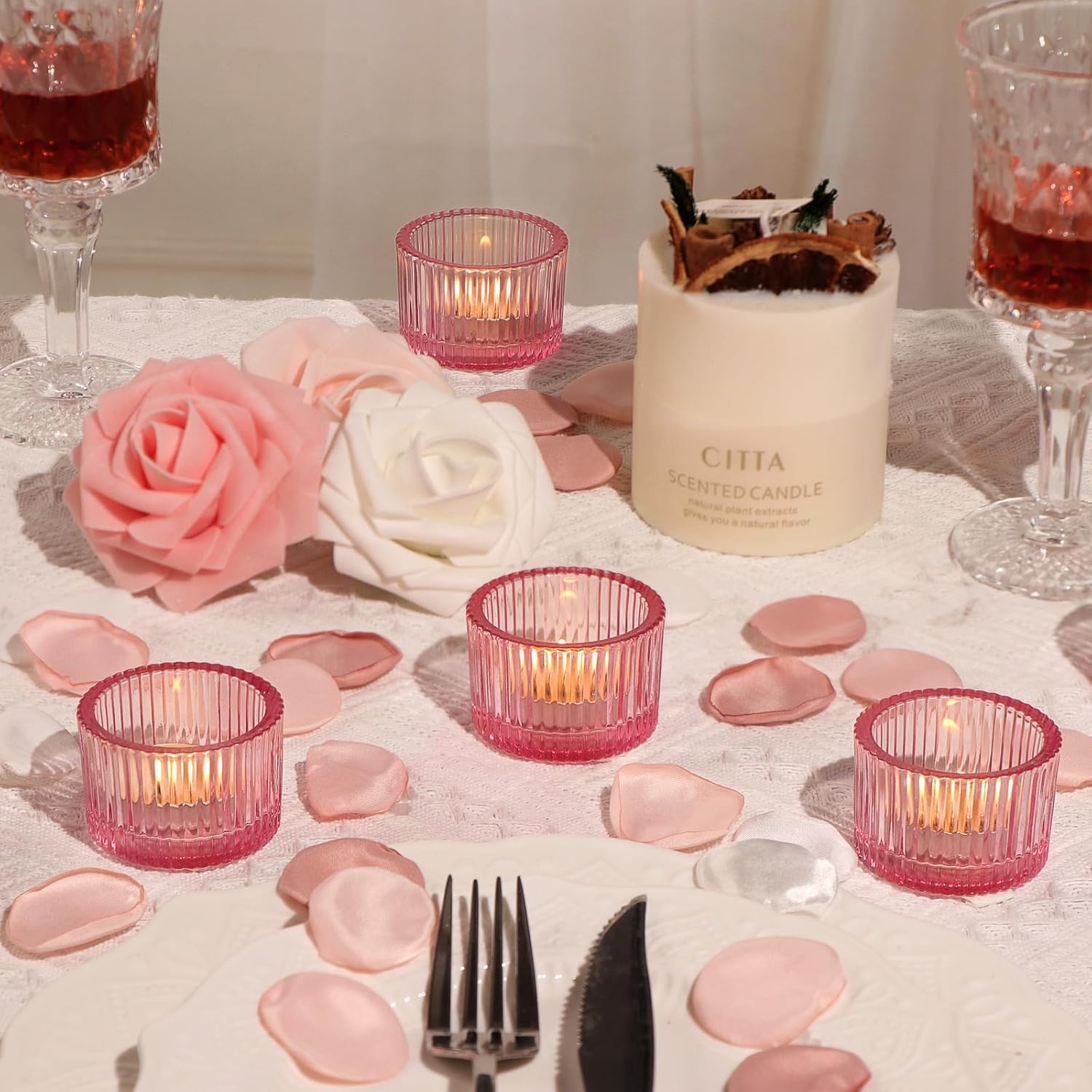 Mahganya Set of 6 Votive Glass Tealight Candle Holders - Christmas Decorations Items for Home Dcor Living Room Bedroom Dining Table Christmas and Diwali Gifts Multi Color (Pink2)