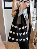 Kawn® Premium Knitted Heart Pattern Tote Bag Large Stylish and Durable Trendy bag for Everyday Use Beach Shopping Travel Work – Comfortable and Trendy Design (Black)