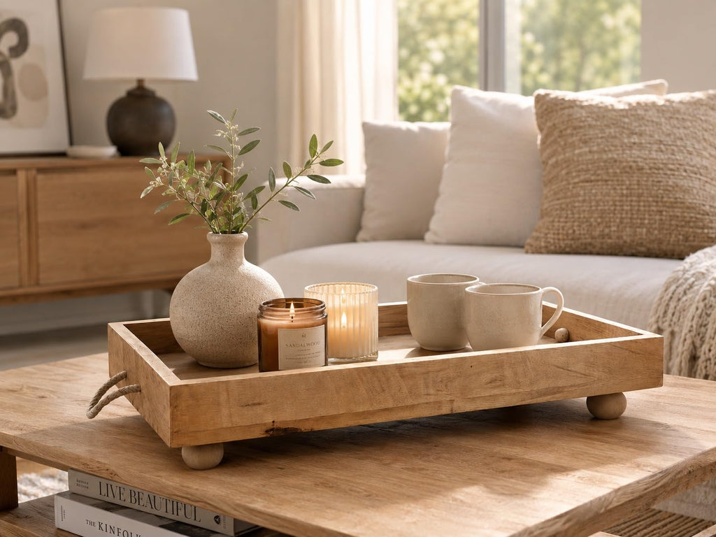 Hamdan Collection Wooden Serving Tray with Rope Handles & Ball Feet | Decorative Coffee Table & Ottoman Tray | Breakfast, Kitchen Counter Organizer & Home Decor (Natural, Single Tray)