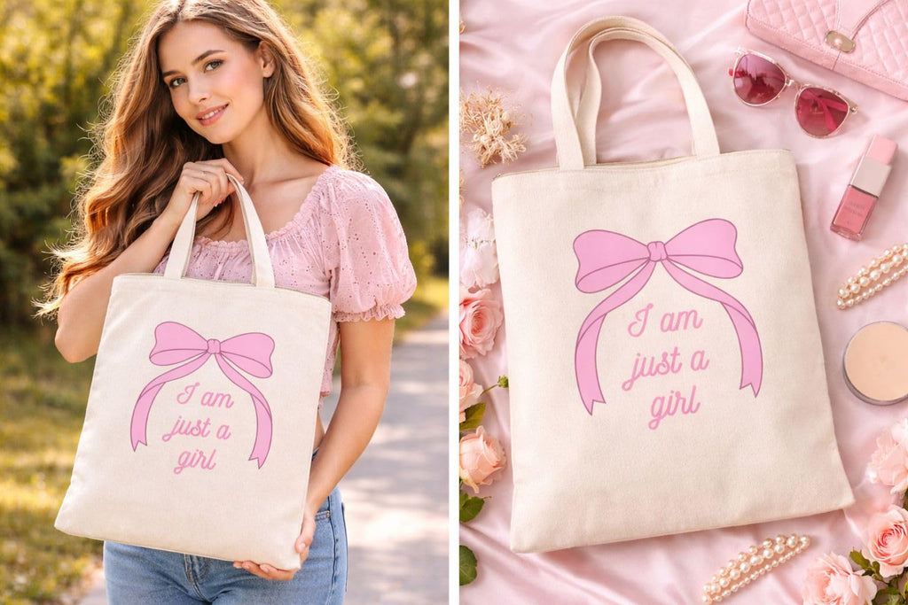 THE PEARLS STUDIO Canvas Tote Bag for Women & Girls | Reusable Shopping Bag | (PINK BOW)