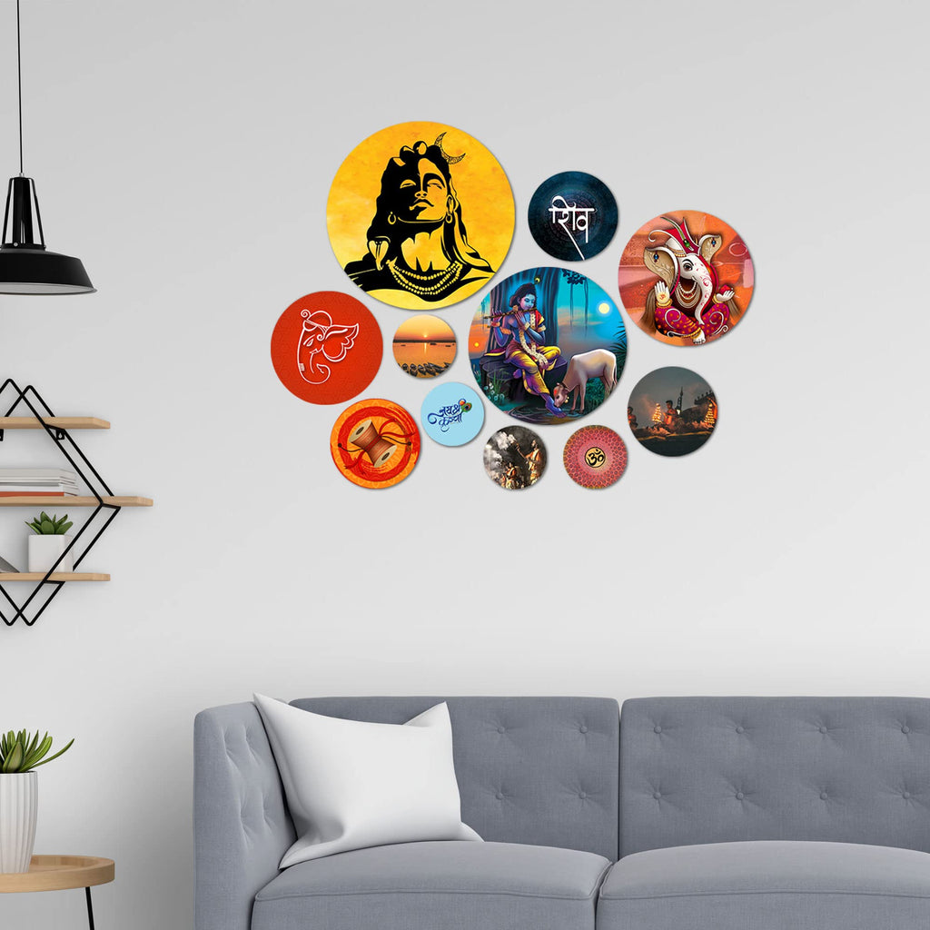 Artvibes Lord Mahadev & Shri Krishna Spiritual Hindu Round Shape MDF Wooden Wall Decor Items | Spiritual Decor Items | Wall Illustrations| Stylish Modern Decor Item | Gift Items (WPS_109N), Set of 11