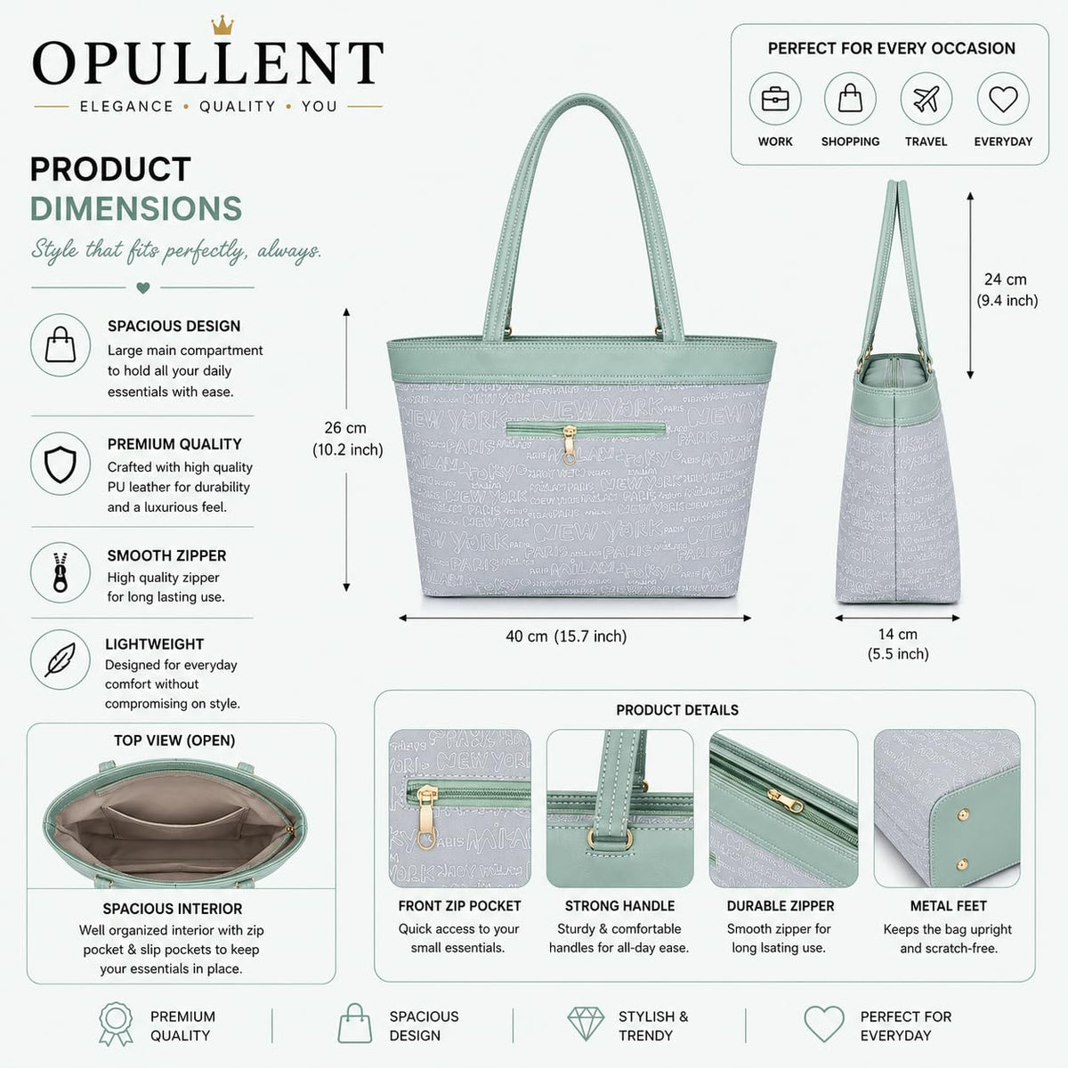 OPULLENT Large Capacity Tote Bag For Women (Green)