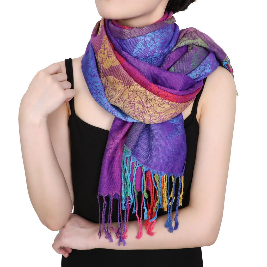 Fashion Colorful flowers Jacquard cotton pashmina Women Wrap Shawl tassels Scarves 75 x 27.5 (THM08-05)