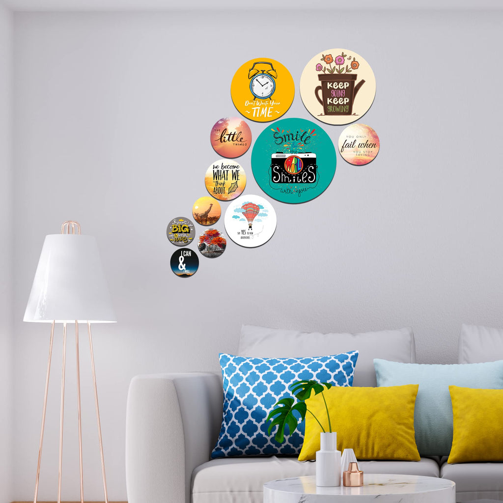 Artvibes Dream Big and Work Hard Quotes Round Shape MDF Wooden Wall Decor Items | Motivational Wall Decor | Wall Accent | Graphic Art | Gift Items | Office Wall Decoration Items (WPS_114N), Set of 11