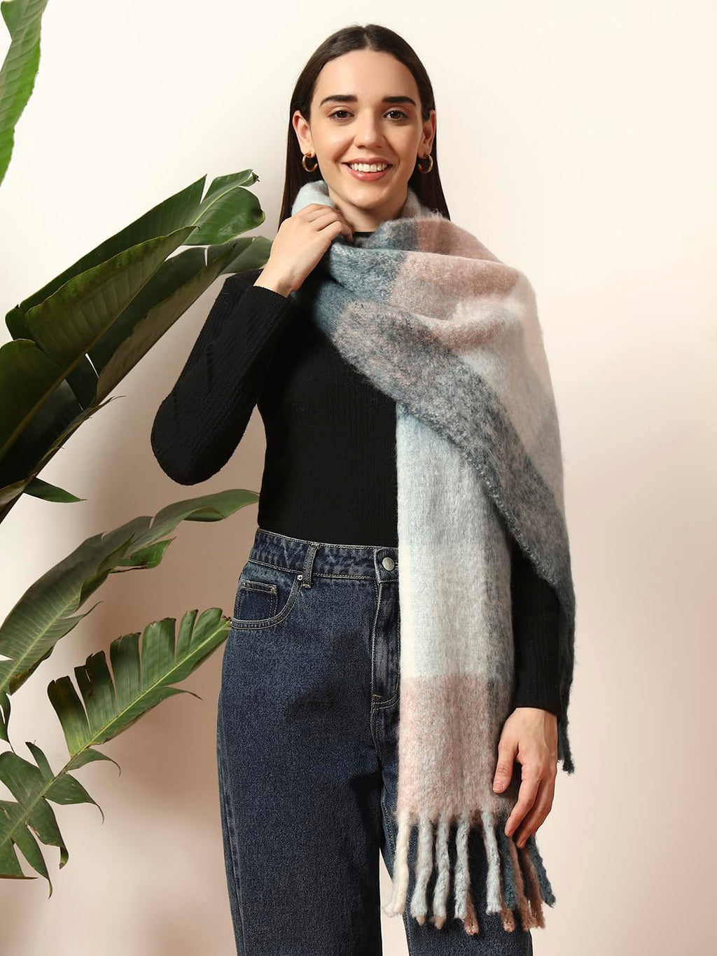 Ravaiyaa - Attitude is everything Women Reversible Acrylic Wool Scarf Winter Wear Muffler Designer Scarves 72x14 Inch (Blue & Pink Checked)