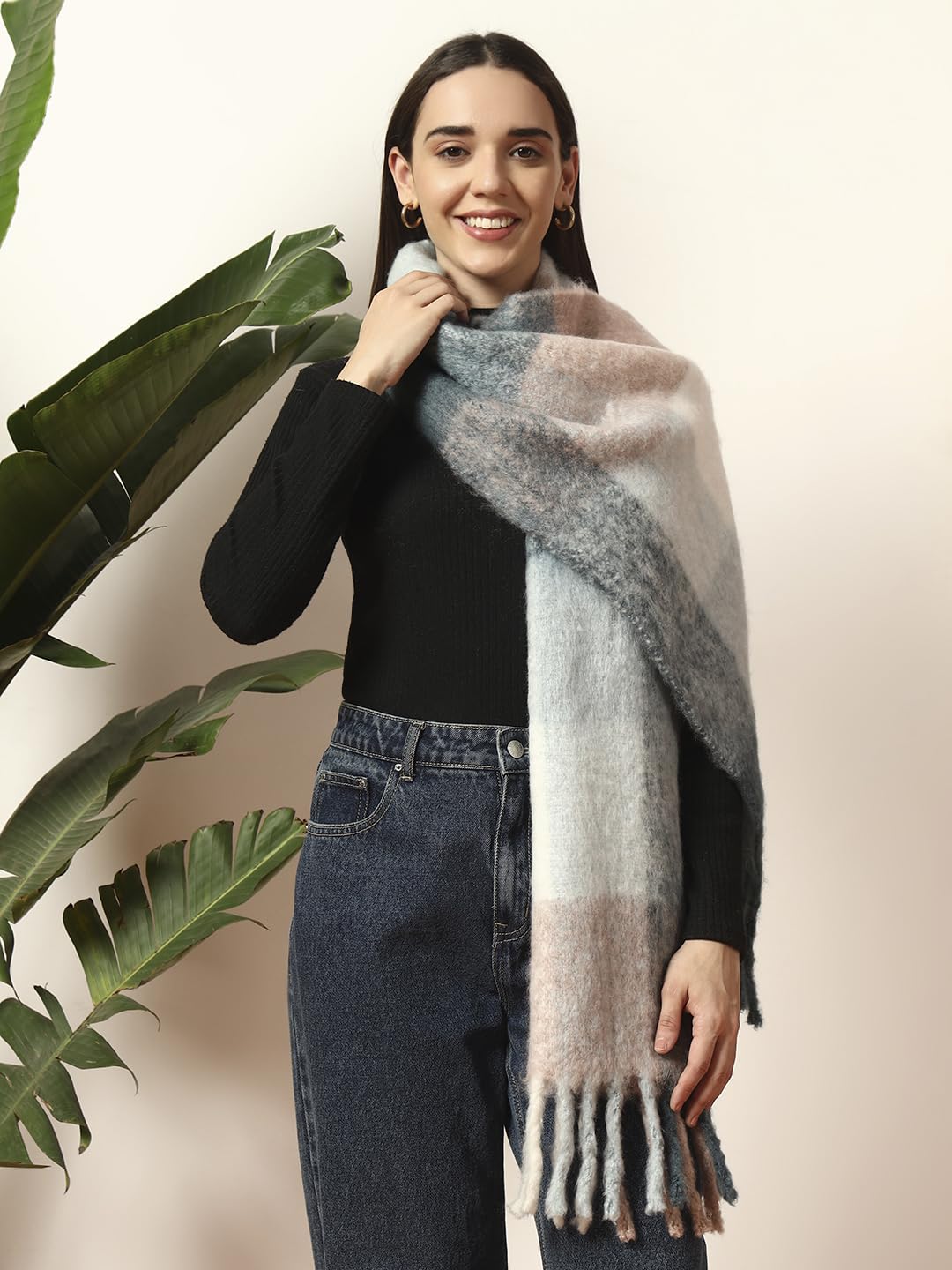 Ravaiyaa - Attitude is everything Women Reversible Acrylic Wool Scarf Winter Wear Muffler Designer Scarves 72x14 Inch (Blue & Pink Checked)