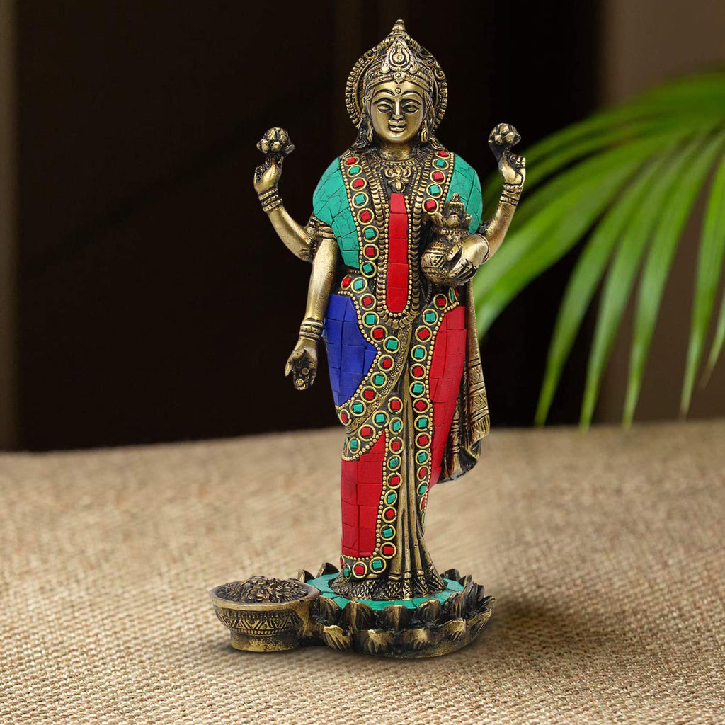 ARTVARKO Goddess Maa Laxmi Idol Lakshmi Brass Multicolor Gemstone Handwork Statue Luxmi Murt Standing on Lotus Height 10 Inches