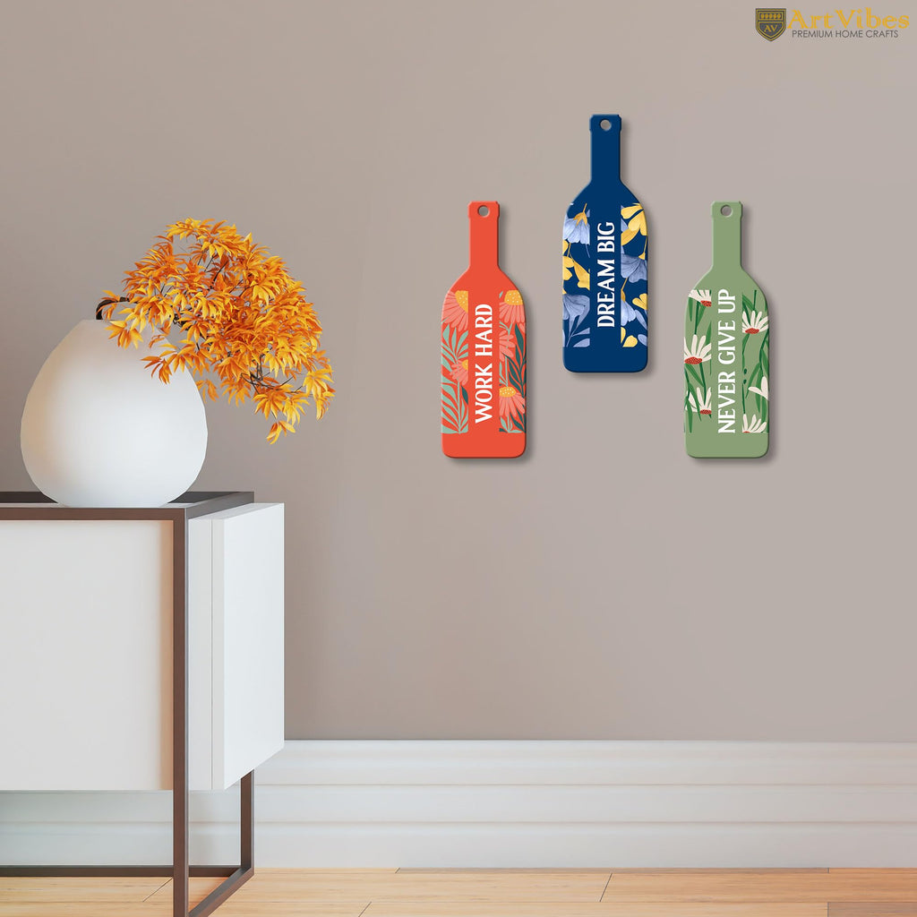 Artvibes Work Hard Dream Big Decor Wooden Wall Hanger | Quotes Decor Item | Motivational Wall Decor | Wall Accent | Graphic Art | Gift Items | Office Wall Decoration Items (WH_9530N), Set of 3