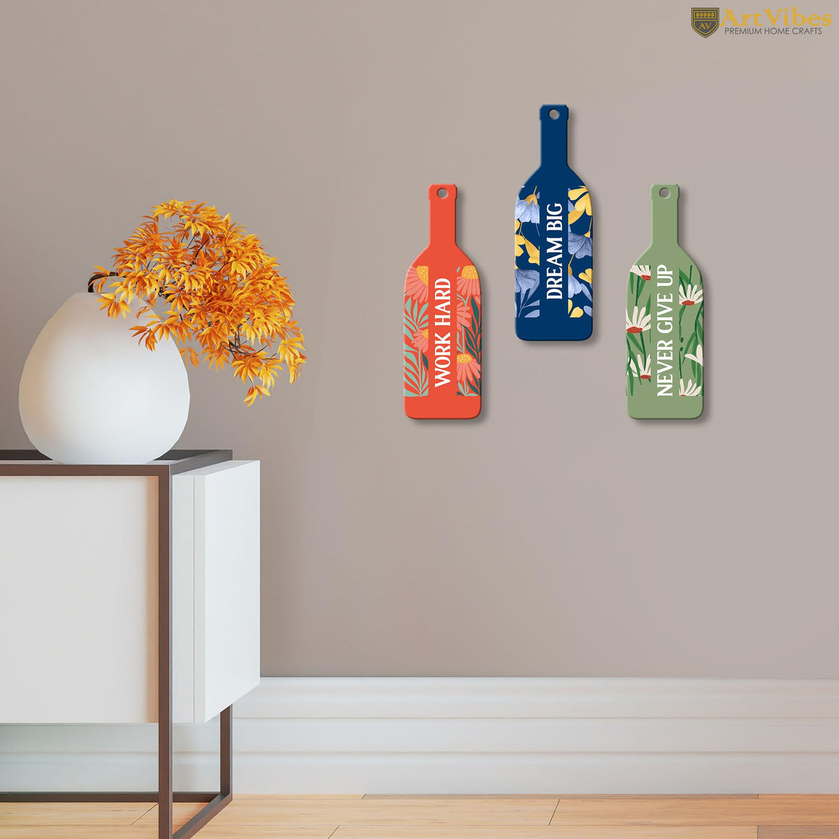 Artvibes Work Hard Dream Big Decor Wooden Wall Hanger | Quotes Decor Item | Motivational Wall Decor | Wall Accent | Graphic Art | Gift Items | Office Wall Decoration Items (WH_9530N), Set of 3