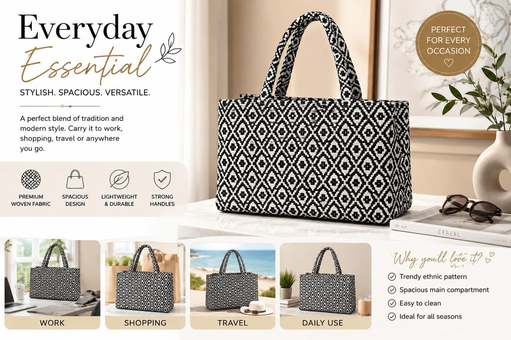 Global Impex Stylish Buoy Tote Bag for Girls & Women | Sturdy Cotton Blend Jacquard | Double Shoulder Ladies Handbag Purse For Daily & Office,Travel Use | Zip Pocket | Handcrafted (Black)