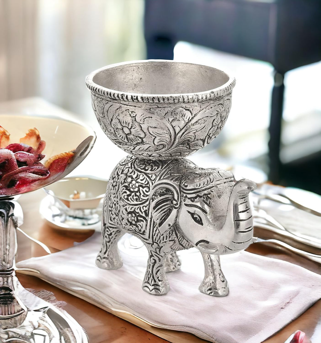 KridayKraft Metal Elephant Dry Fruit Bowl Showpiece Silver Polish for Your Home,Office Table Decorative,Elephant Showpiece Bowl Set (2 Pcs) for Gift,Animal Figurines...