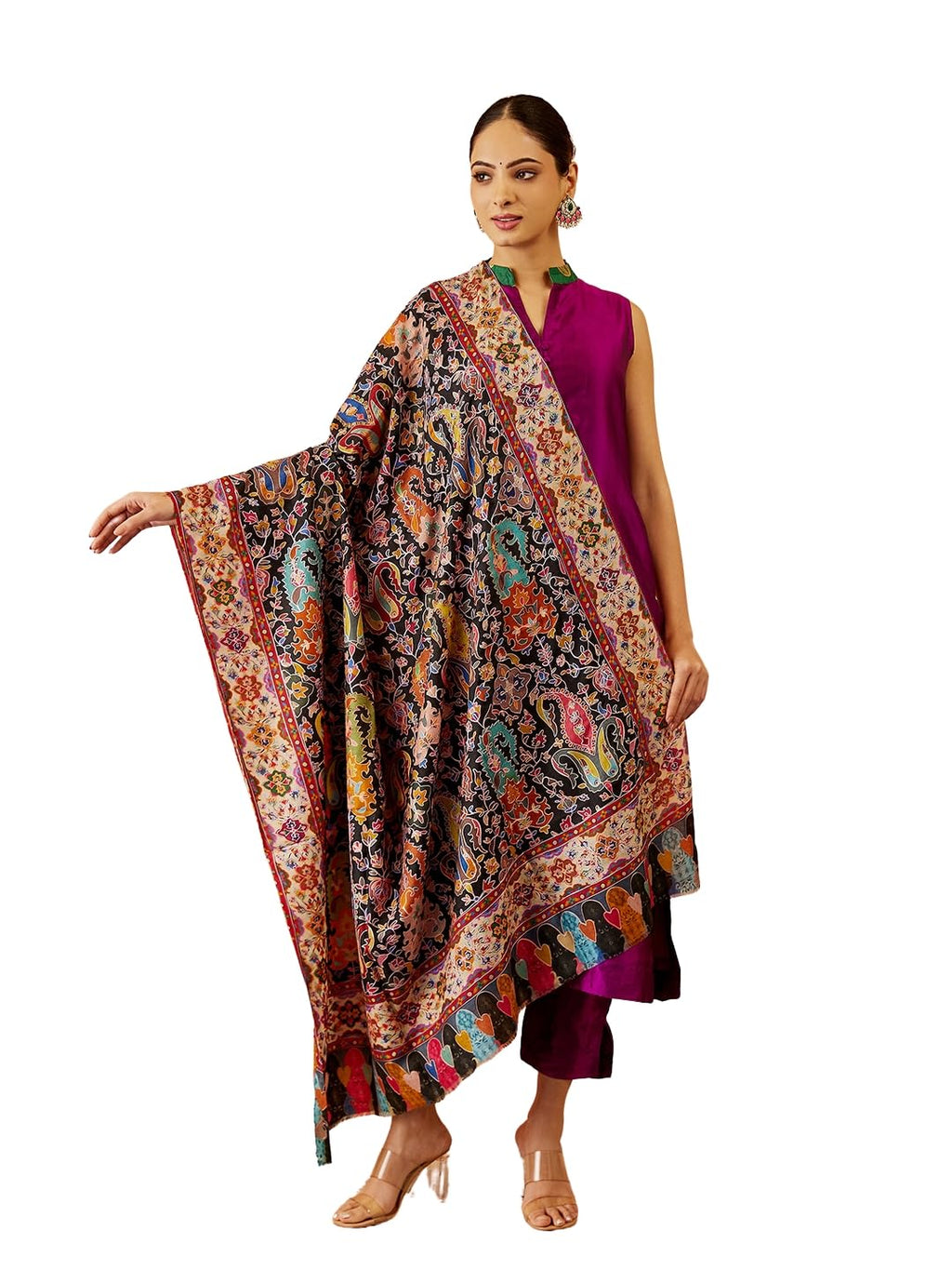 Pashmoda Women Zarmina Fine Wool Fabric Pashmina Kalamkari Embroidered Shawl, Stole and Wrap, Sustainable and Natural Fabric, Heritage Kashmiri Pashmina(Size 40x80)