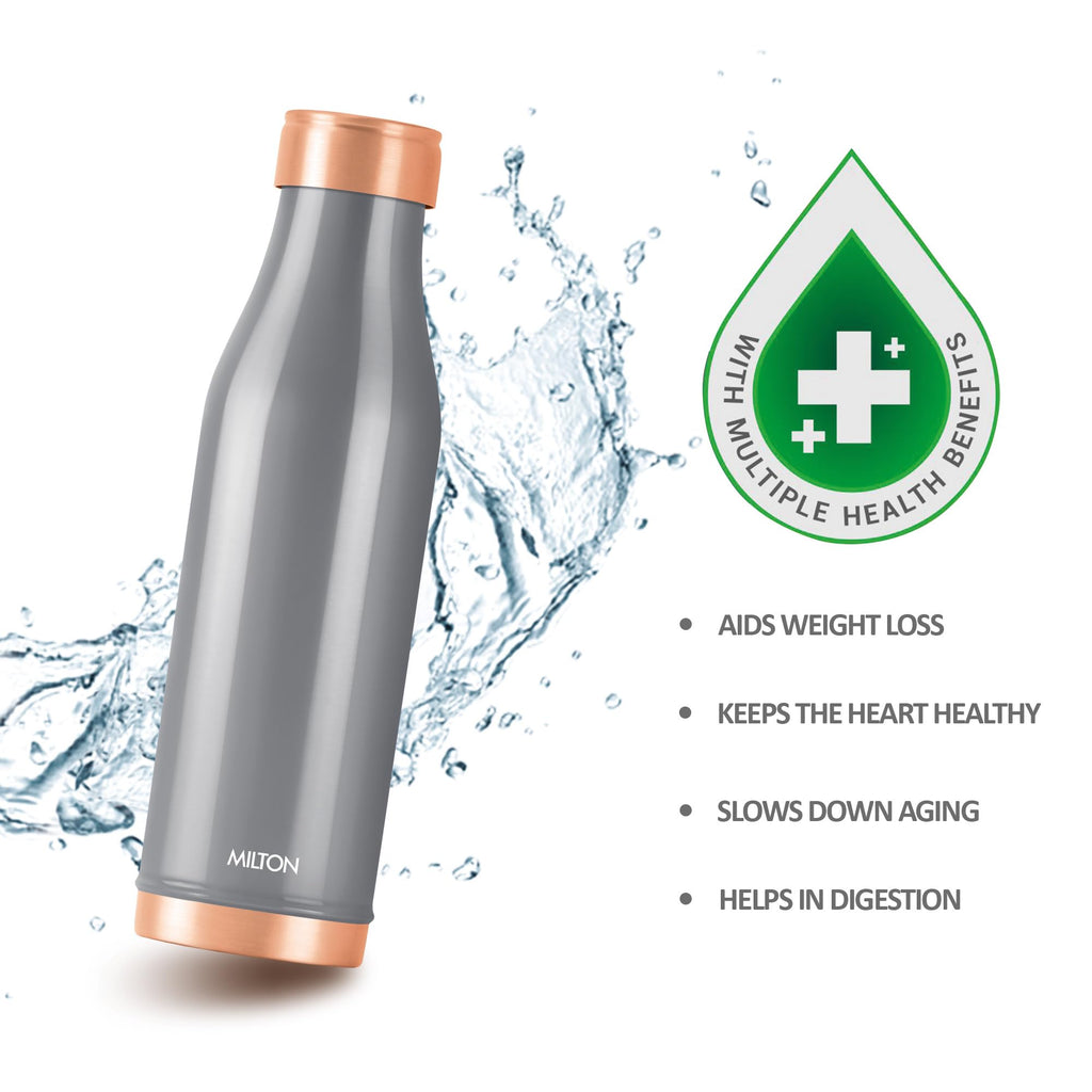 MILTON Copper Charge Water Bottle, 930 ml, Grey | Lacquer Coating, Curved Bottle | Diwali | Festive | Gifting | Yoga | Home | Kitchen | Vedic