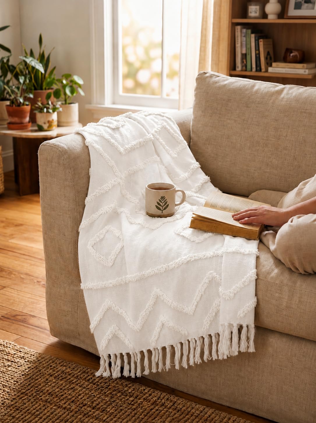 WARISI Cotton Tufted Throw Blanket 50 x 60 Inches for Sofa, Couch & Bed | Decorative Boho Woven Throw | Lightweight Breathable All Season Blanket | Soft Home Décor with Tassel Fringe Kafalo