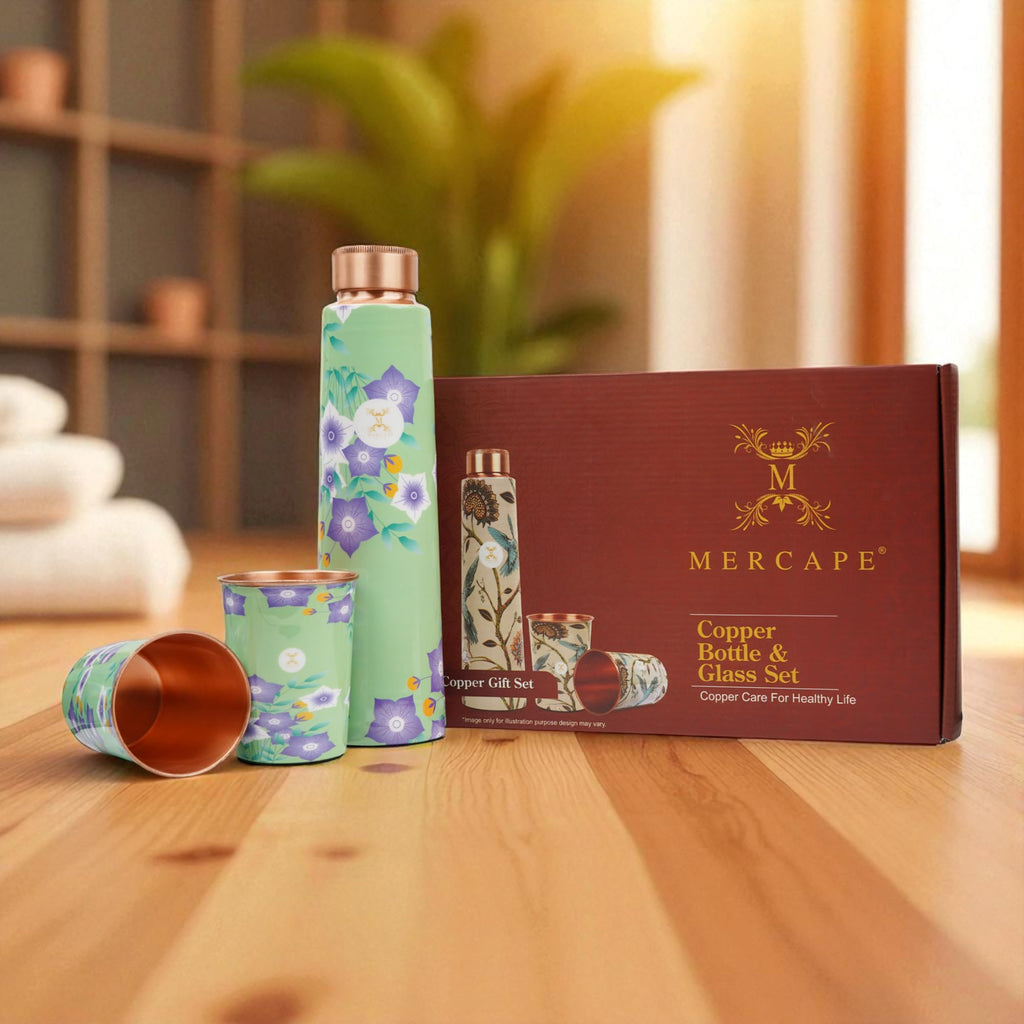 MERCAPE® - Pure Copper Water Bottle and Glass Ample Flower Printed Design, Joint Less, Advanced Leak Proof Protection, Ayurveda and Yoga Health Benefits with (2 Glass x 250 Ml) (900 Ml Bottle)